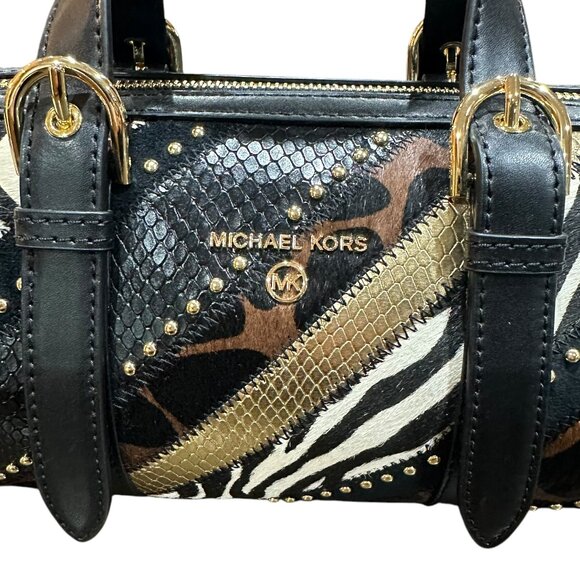 Michael Kors Stanton Patchwork Leather Studded Med Barrel Bag Cross Body Animal - Picture 3 of 10